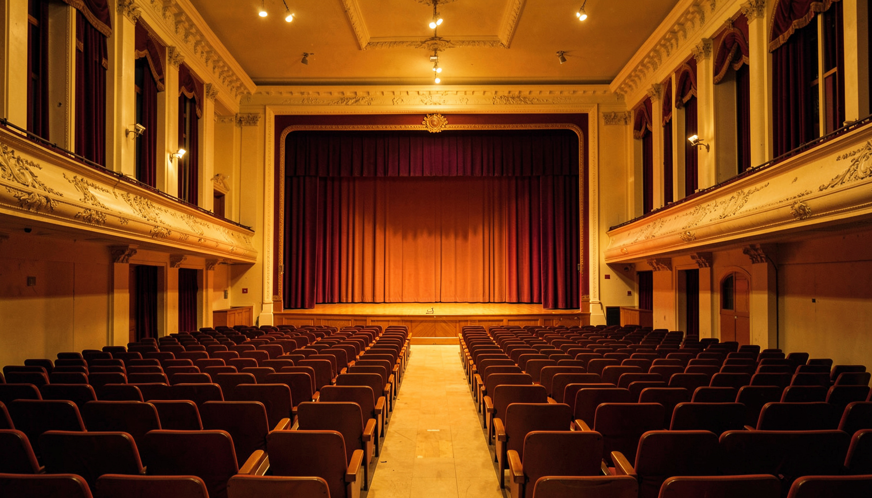 A symmetrical concert hall interior with warm golden light, rows of empty seats facing an ornate stage, deep burgundy curtains framing the view in a calm, formal mood