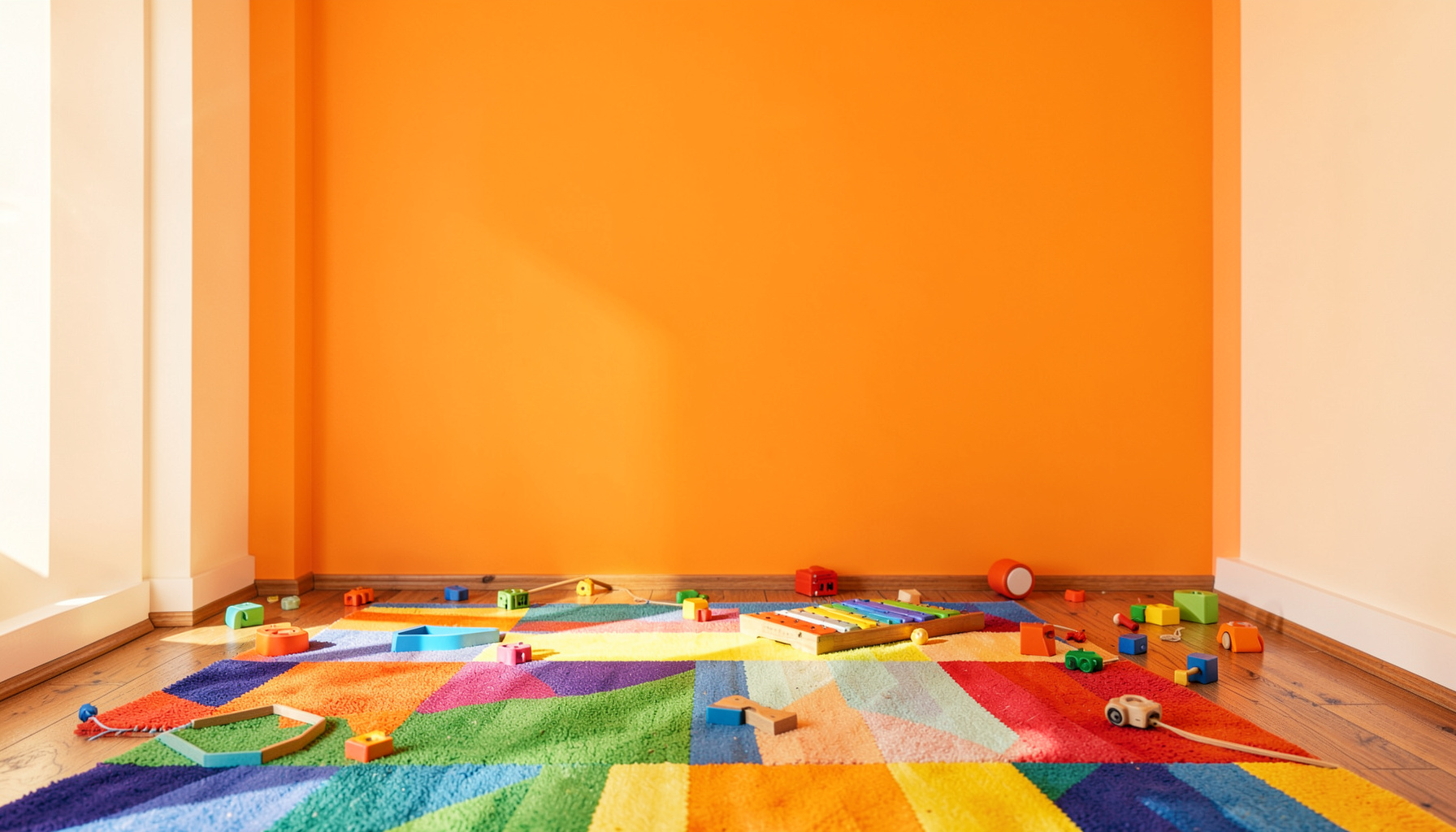 A bright, colorful playroom with scattered musical toys, a small xylophone, and a rainbow-striped rug on a warm wooden floor, bathed in soft morning sunlight.